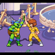 Leonardo the turtle and April O'Neil high-five while smiling.